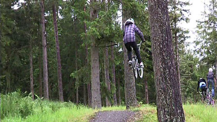 BMX rider doing a jump in the woods