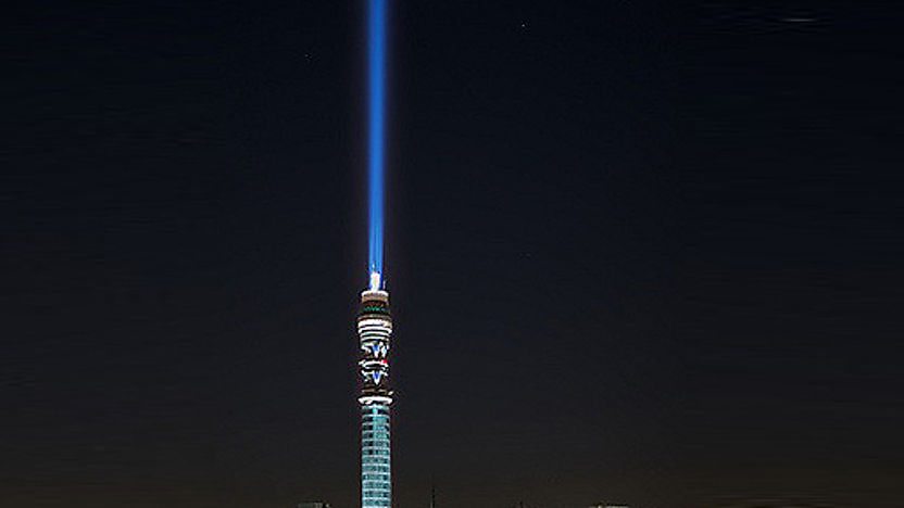 The BT Tower in London lit up to look like a giant Star Wars lightsaber