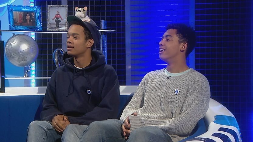 Rizzle Kicks sitting on the sofa in the Blue Peter studio