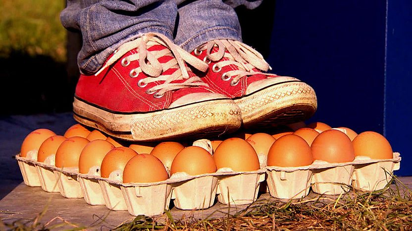 A pair of shoes stood on a crate of eggs.