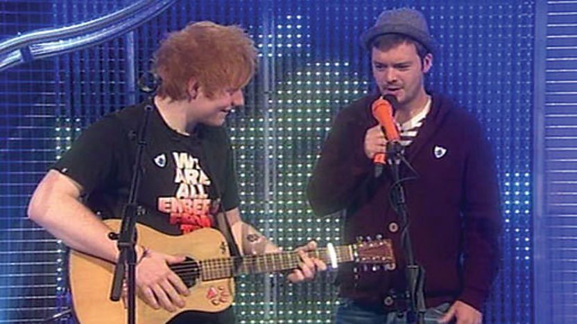 Ed Sheeran teaching Barney Harwood how to use a loop pedal.
