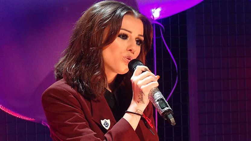 Cher Lloyd performing in the Blue Peter studio.