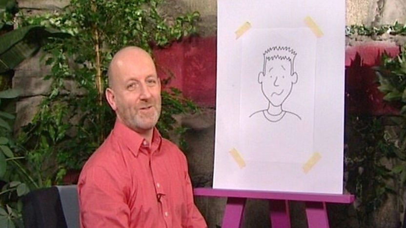 Tracy Beaker illustrator Nick Sharratt sat in front of an easel
