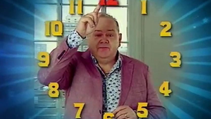 John with clock numbers around him.