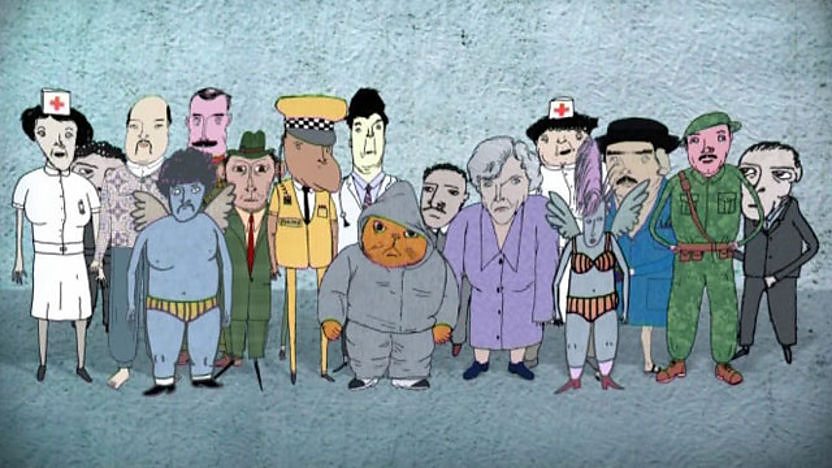 A variety of strange animated characters stood in a group.