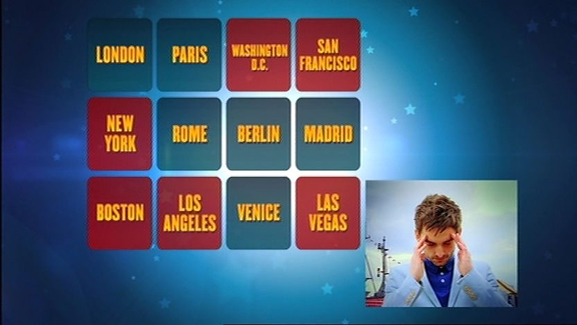 A grid of city names with Fergus in the corner thinking.
