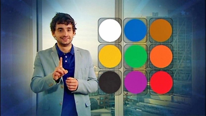 Fergus next to a board of different colours.