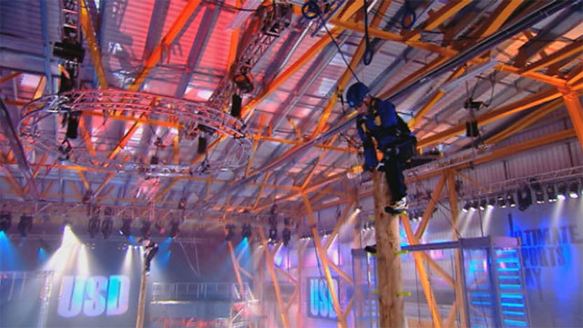 The flagpole challenge in the studio.