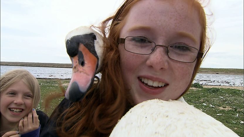 A swan wrapped around a girl's neck.