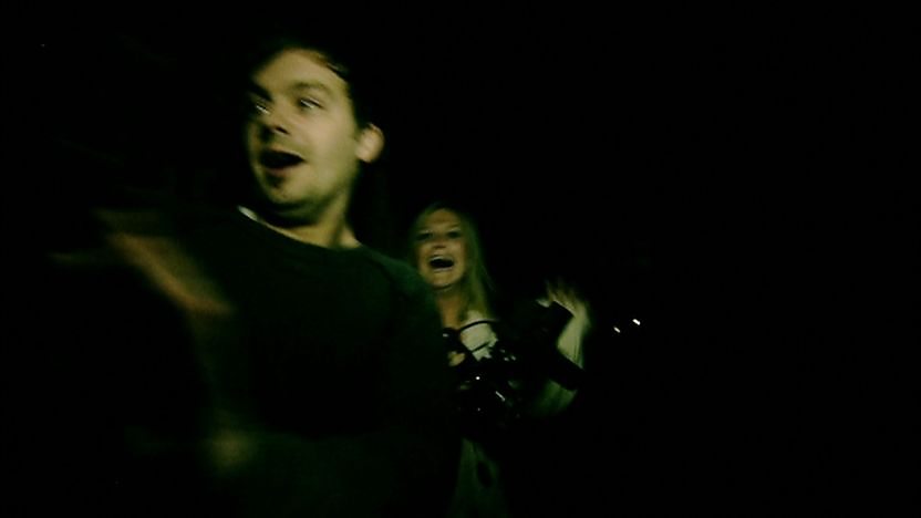 Barney Harwood and Helen Skelton with really scared expressions