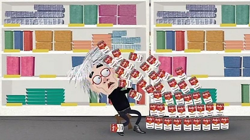 A cartoon Andy Warhol with soup cans