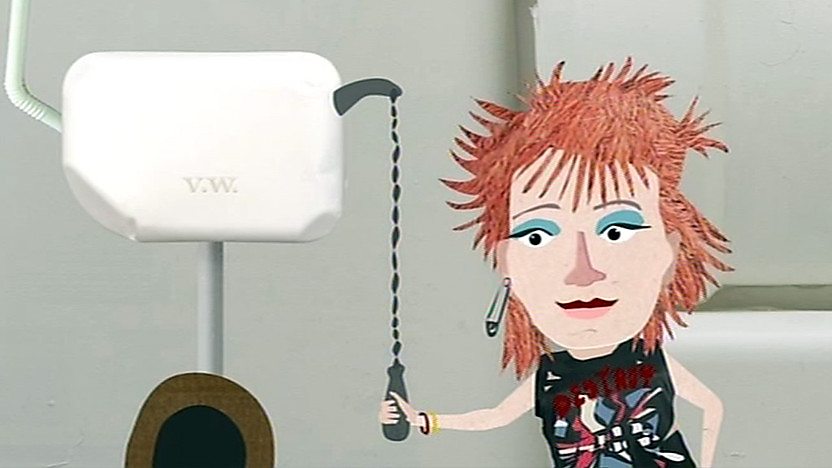 An animated Vivienne Westwood flushing a toilet