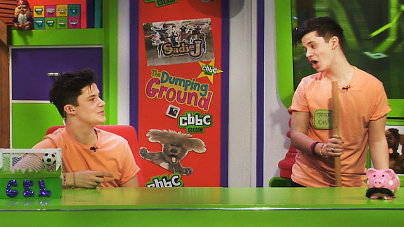 Cel in the CBBC Office with Mirror Cel. (A clone of himself)