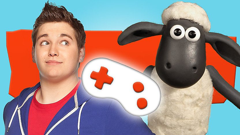Shaun the sheep next to a white game controller on an orange and blue background.
