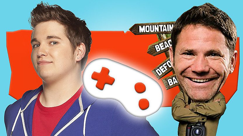 Chris Johnson in a blue hoodie on an orange background next to a white games controller and a Steve Backshall bobblehead.