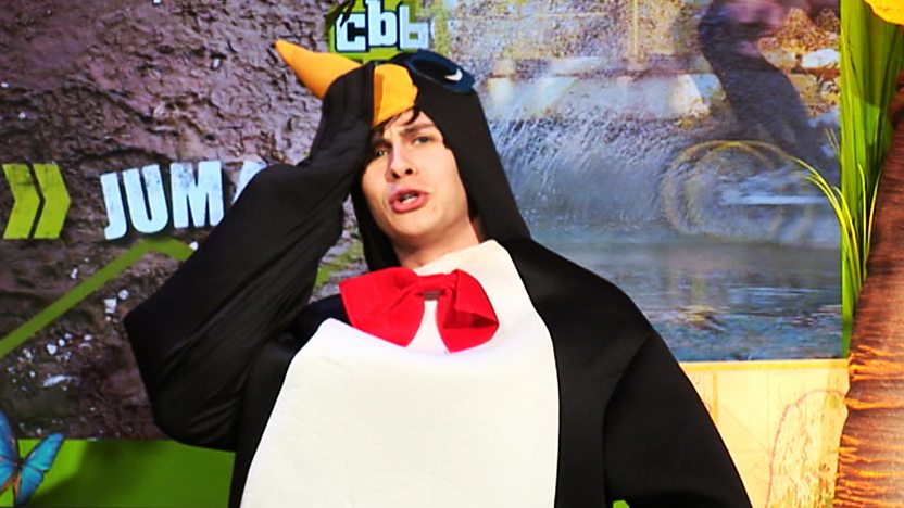CBBC Office presenter Ben Hanlin looking confused, wearing a penguin costume.