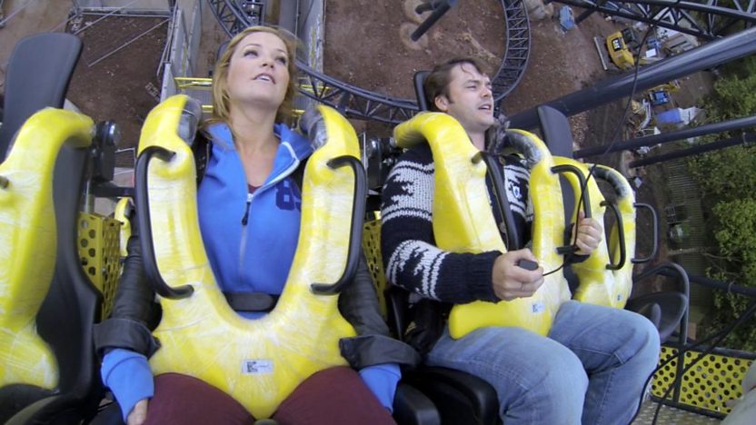 Helen smiling and Barney looking scared on Alton Towers' new Rollercoaster