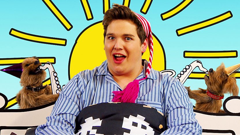 Chris Johnson in bed wearing pajamas with Hacker and Dodge blow saxaphones in the background next to a cartoon sunrise.