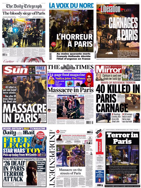 BBC电台第四台主编Nick Sutton在“推特”上发布了英国和法国部分报纸头版对巴黎连环袭击事件的报道：