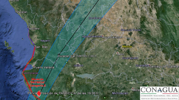 Proyección de la trayectoria del huracán Patricia realizada por Conagua 151024011917_proyeccin_de_la_trayectoria