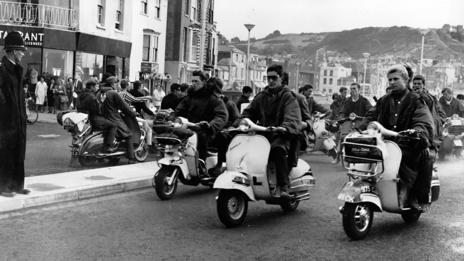 Mods at Hastings with their scooters.