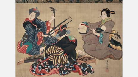 Hokusai’s Three Women Playing Instruments is a hanging scroll, executed with ink on silk