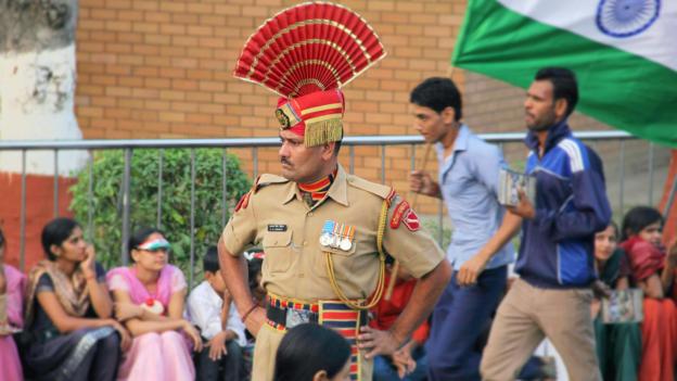 Indian guards, India, Pakistan, border, ceremony, uniforms (Credit: Credit: Tawny Clark)