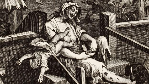 The central figure of Hogarth’s Gin Lane is a crazed, half-naked prostitute