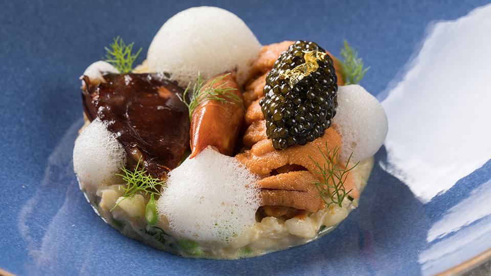 Asia’s Finest Farm-to-Table Dining Experiences - Juvenile mud crab matched with raw sea urchin, Chinese caviar and risotto