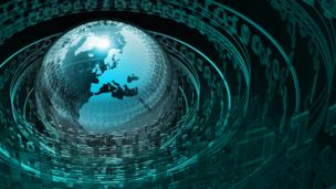 Graphic of Earth surrounded by internet data
