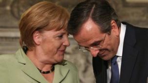 German Chancellor Angela Merkel and Greek Prime Minister Antonis Samaras in Athens (9 Oct 2012)