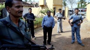 Congress party leader Mahendra Karma with his bodyguards. File photo