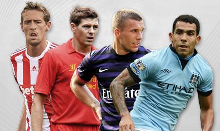 Left to right: Peter Crouch (Stoke), Steven Gerrard (Liverpool), Lukas Podolski (Arsenal) and Carlos Tevez (Man City)