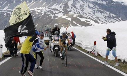 Riders race towards the Stelvio Pass in 2012
