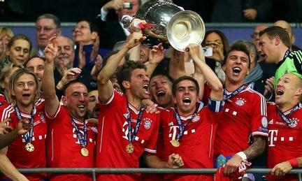 Bayern Munich celebrate winning the Champions League final at Wembley after beating Borussia Dortmund