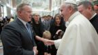 Pope Francis talks with former White House Press Secretary and Communications Director Sean Spicer during a special audience at the Vatican, 30 August 2017