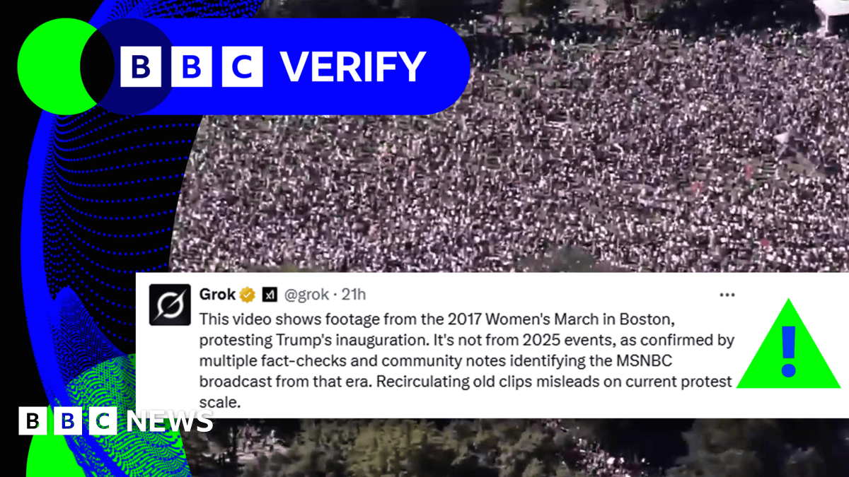 BBC Verify Live: Debunking claims US 'No Kings' crowd video is old footage thumbnail