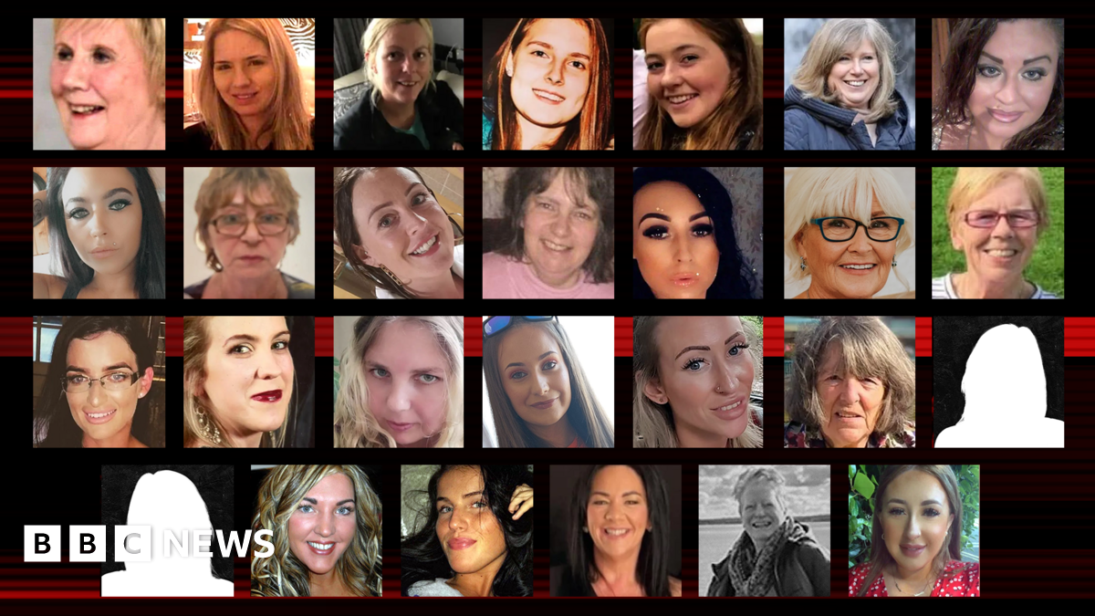A collage of pictures of 25 of the 27 women who have died violently in Northern Ireland since 2020, with two silhouettes representing the other two women