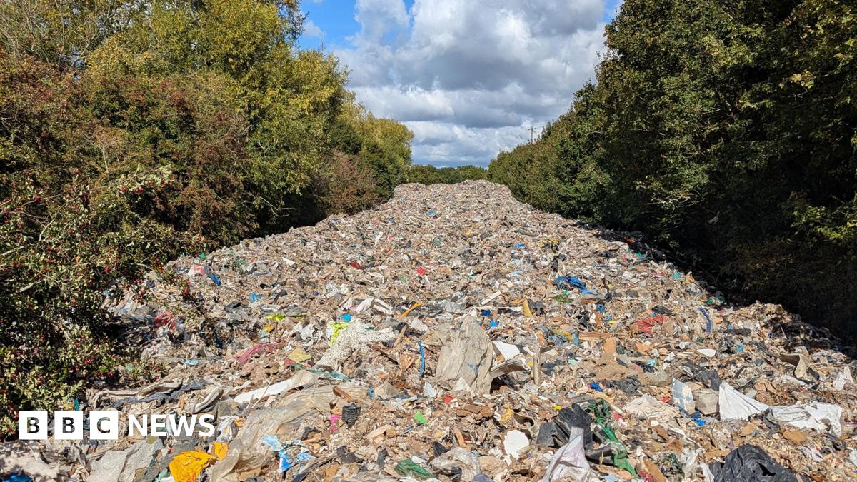 Rubbish extends into the distance like a river of rubbish flanked by hedgerows at either side. It's a sunny day