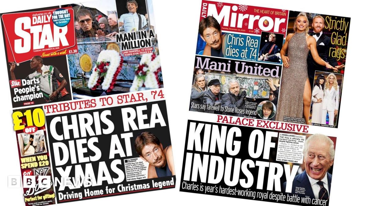 
                            Newspaper headlines: 'Chris Rea dies at Xmas' and 'King of Industry'