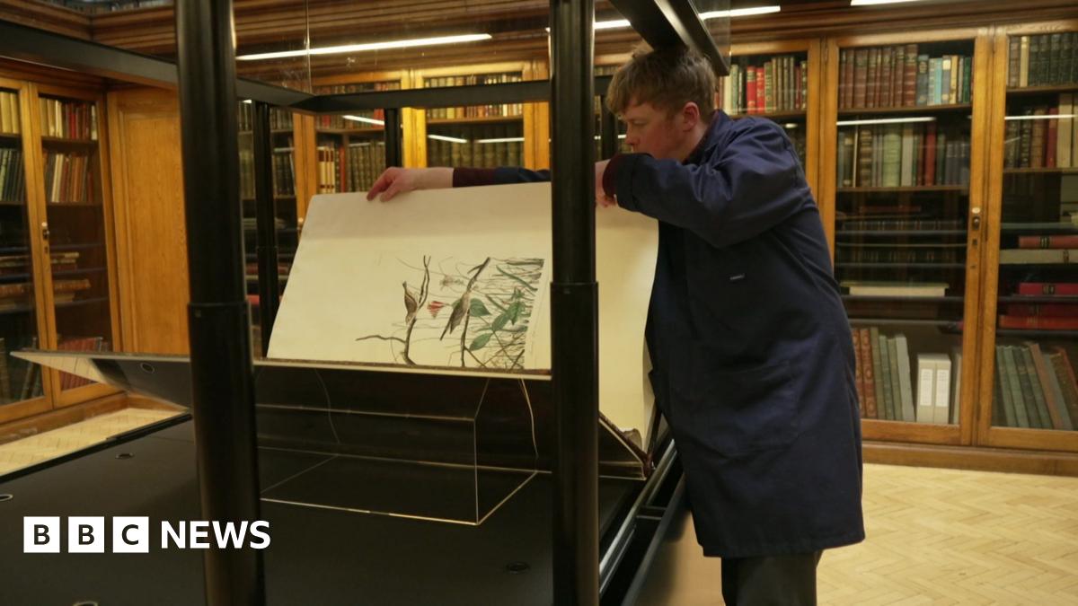 A library worker in a blue overcoat turning a page of one of the huge volumes of Birds Of America while it sits in its glass case at Liverpool Central Library. 