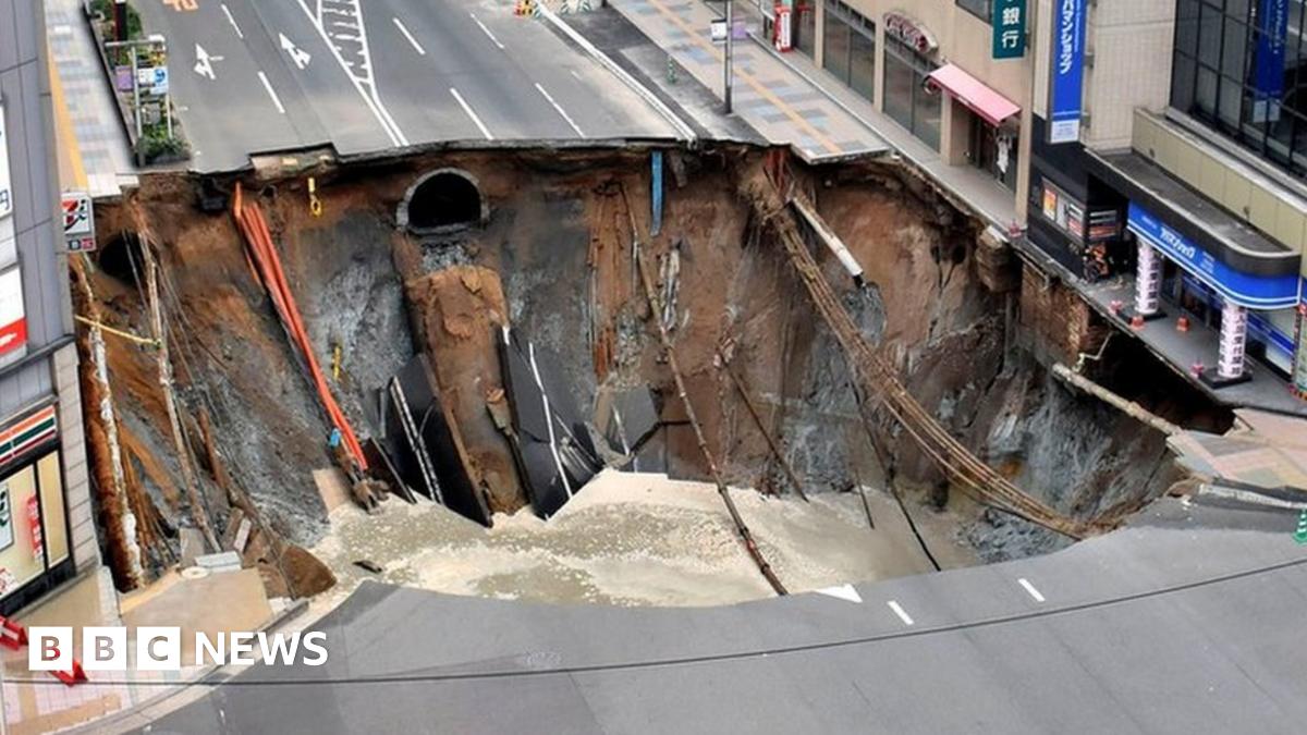 Huge sinkhole swallows street in Fukuoka, Japan - BBC News