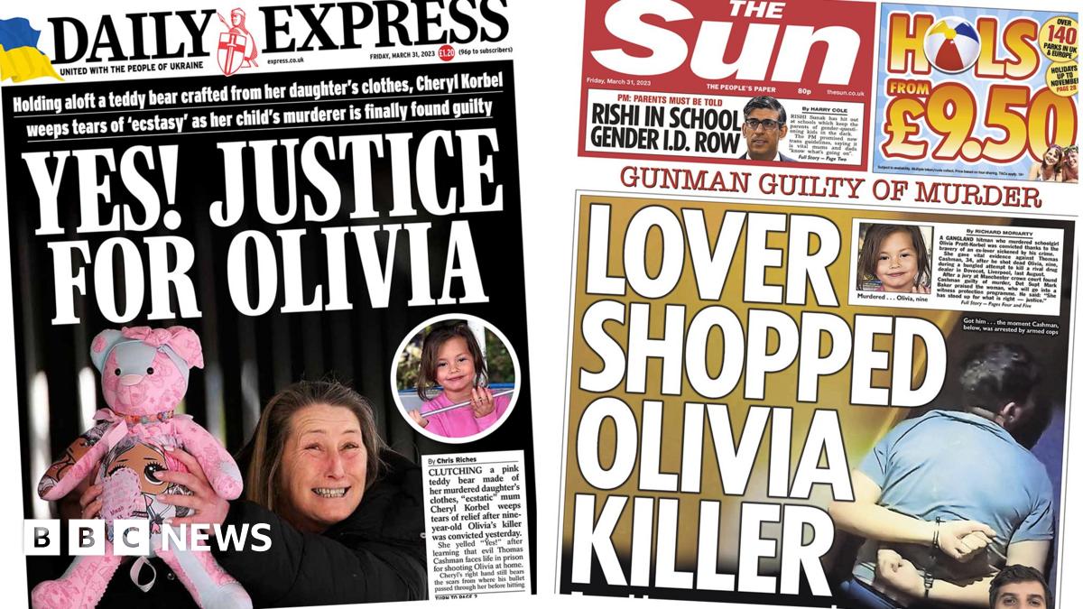 Newspaper headlines 'Justice for Olivia' and 'lover shopped killer