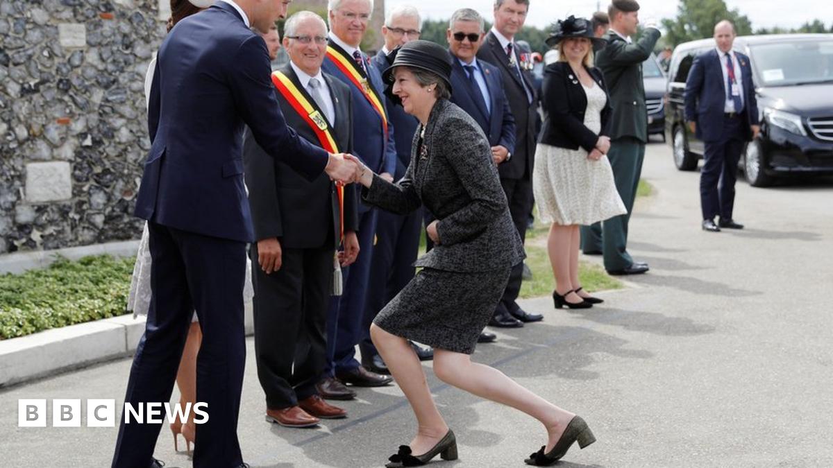 Theresa May is greeted by Catherine, Duchess of Cambridge and Prince William, Duke of Cambridge ahead of a ceremony at the Commonwealth War Graves Commisions's Tyne Cot Cemetery in Ypres, Belgium