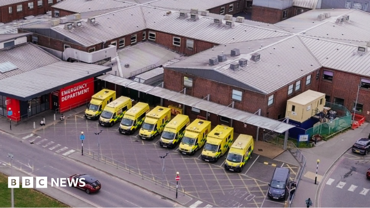An arial picture of East Surrey Hospital's A&E department with eight ambulances lined up outside the main entrance.