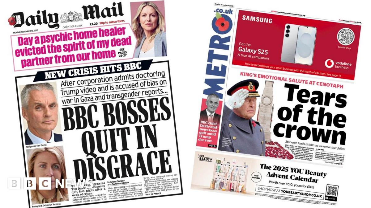 
                            Newspaper headlines: 'BBC bosses quit in disgrace' and 'Tears of the crown'