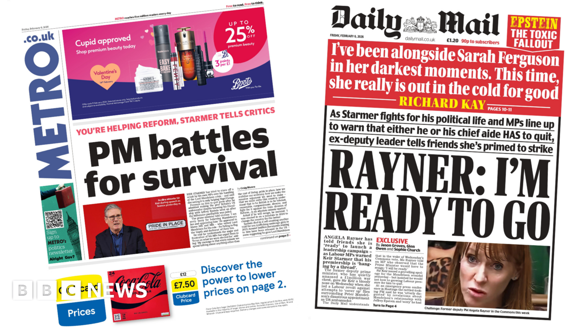 
                            Newspaper headlines: 'PM battles for survival' and Rayner 'ready to go'
