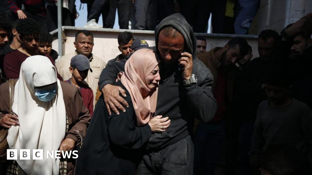 Relatives of the 9 Palestinians, including 3 journalists, who died as a result of Israeli airstrikes on the Beit Lahia, mourn as the dead bodies brought to the Indonesian Hospital in Beit Lahia, Gaza on March 15, 2025. 