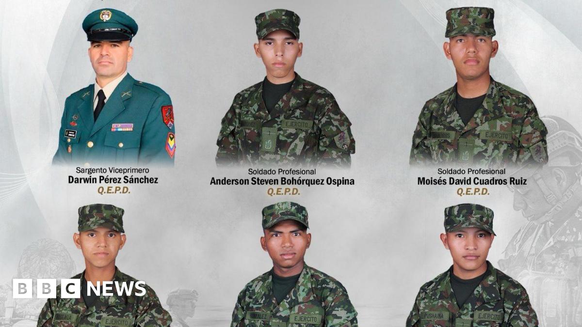 A photo released by the Colombian Army shows six of the seven soldiers killed in an ambush in Guaviare