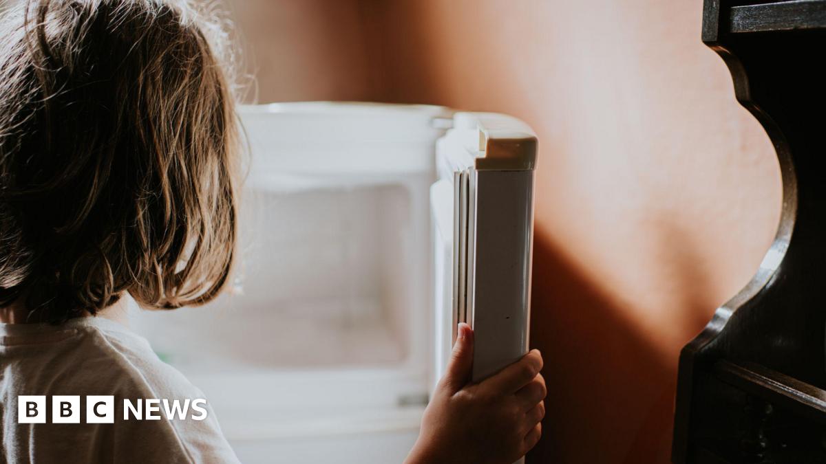 A child looks into an empty fridge